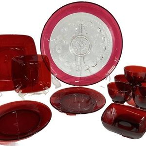 Antique Red/Cranberry Glass Tray & Place Setting (10 pieces)
